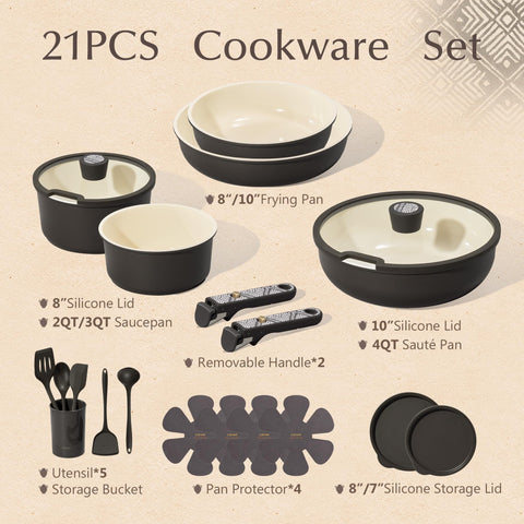 CAROTE full 21pcs set arranged to show included pots, pans and lids