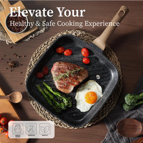 CAROTE pan beside utensils to show 11-inch size and kitchen scale