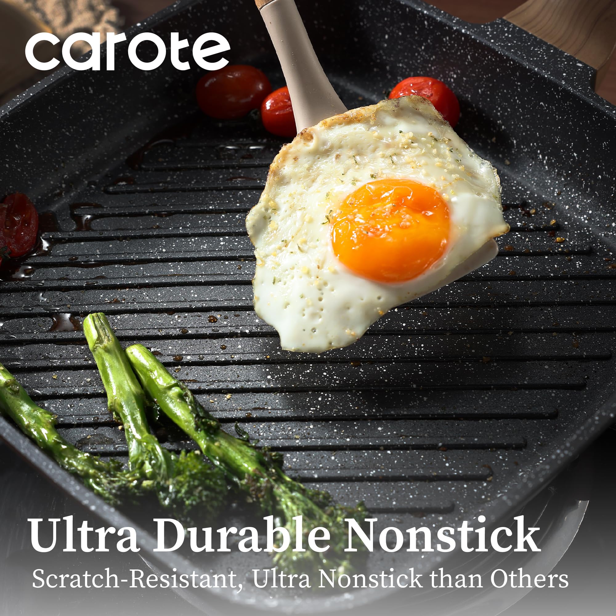 CAROTE pan searing steak on stovetop illustrating even heat and grill marks