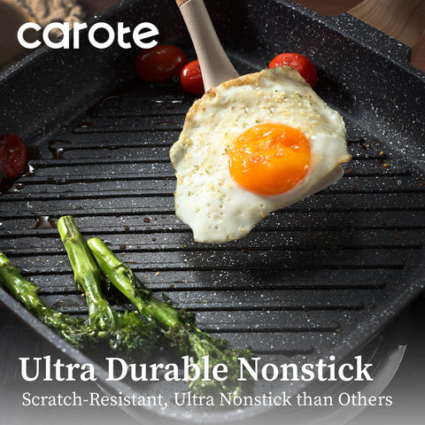 CAROTE pan searing steak on stovetop illustrating even heat and grill marks