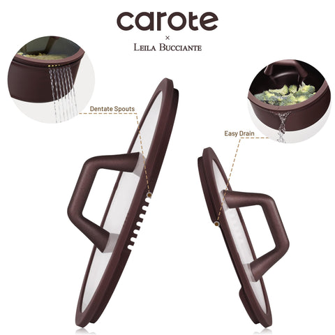 CAROTE handle and glass lid detail showing secure grip and steam vent