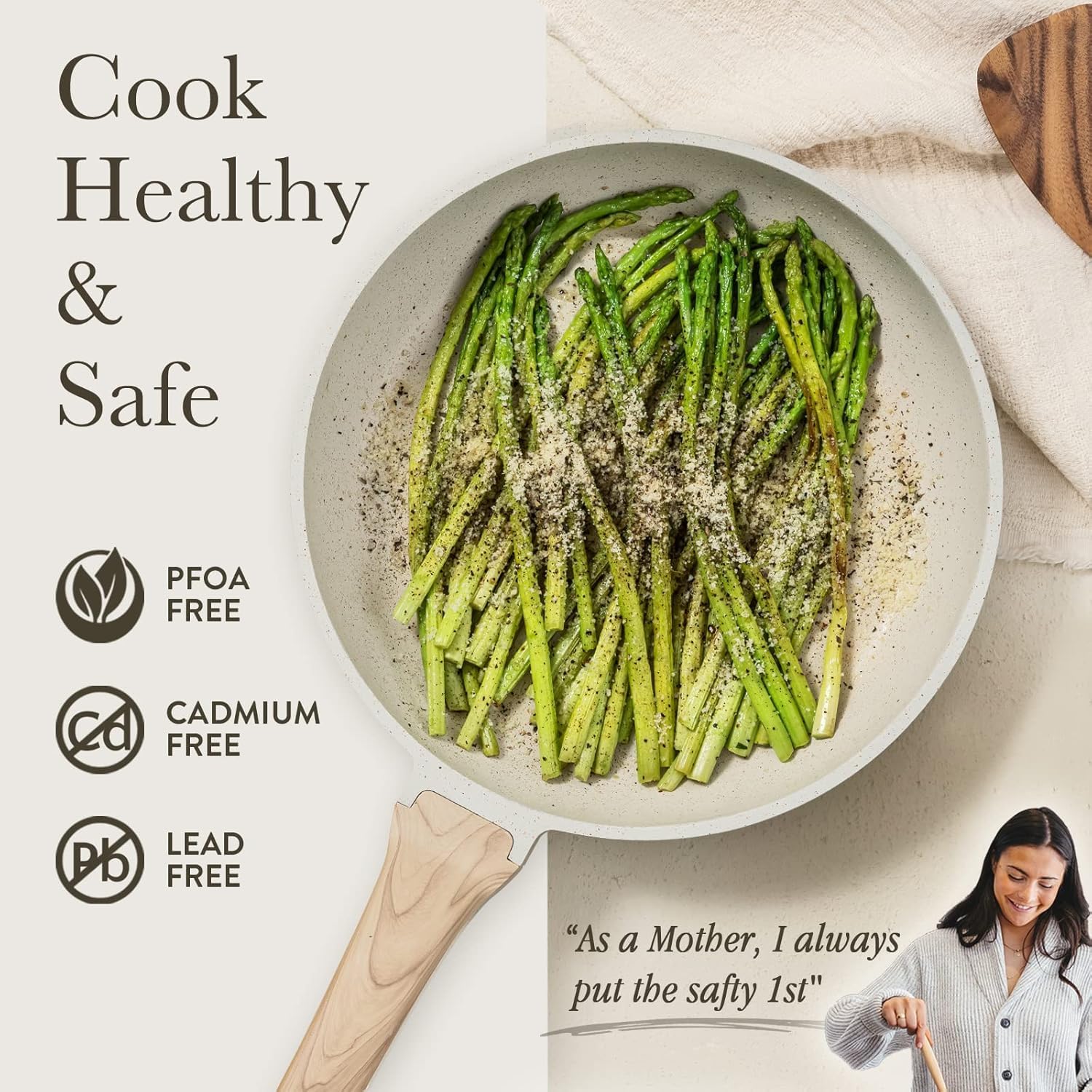 CAROTE heat-resistant handle detail highlighting cool-touch grip and comfortable lifting