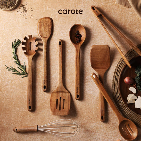 CAROTE wooden utensils hung on rail offering tidy storage benefit