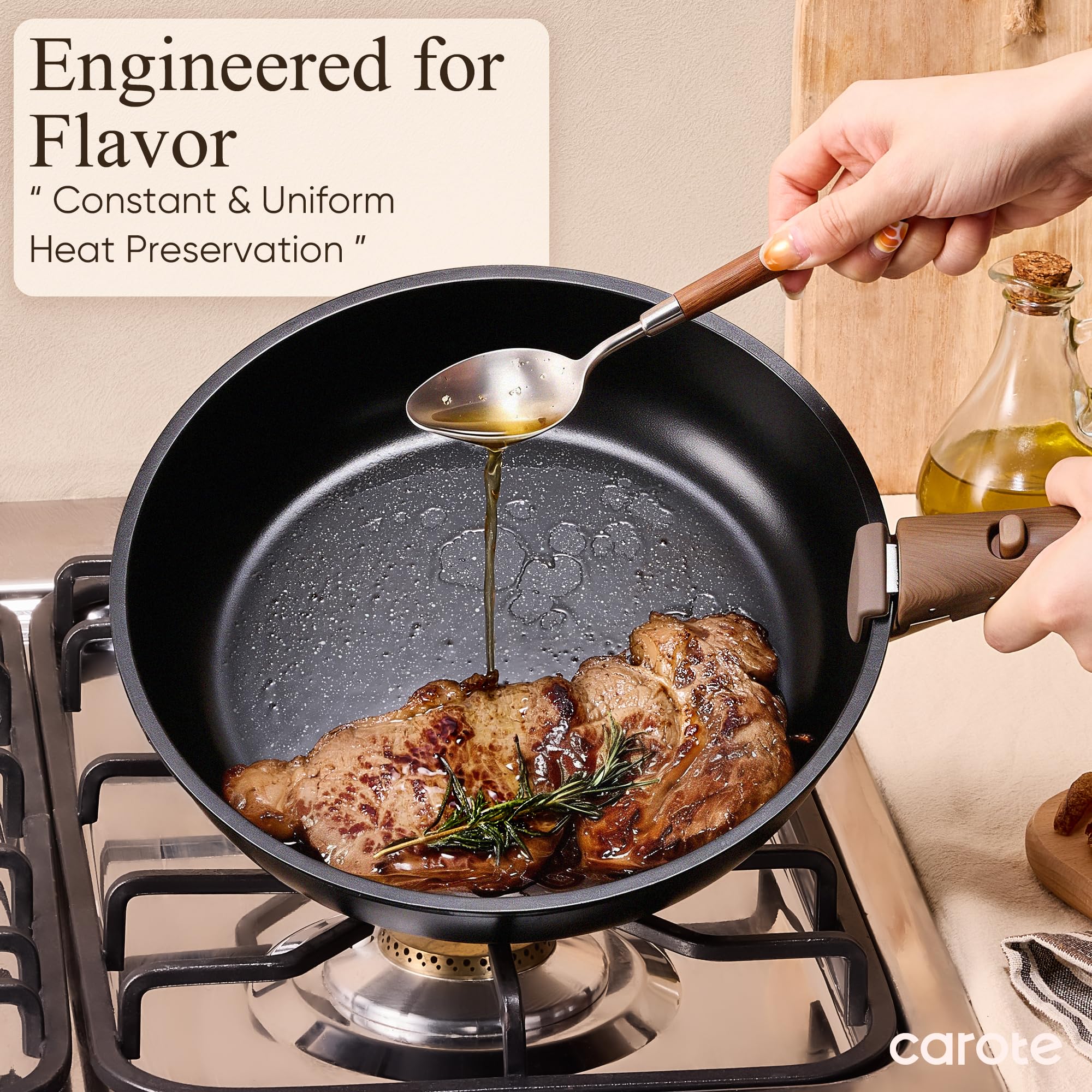 CAROTE sauté pan on stovetop cooking vegetables for quick even-heat performance