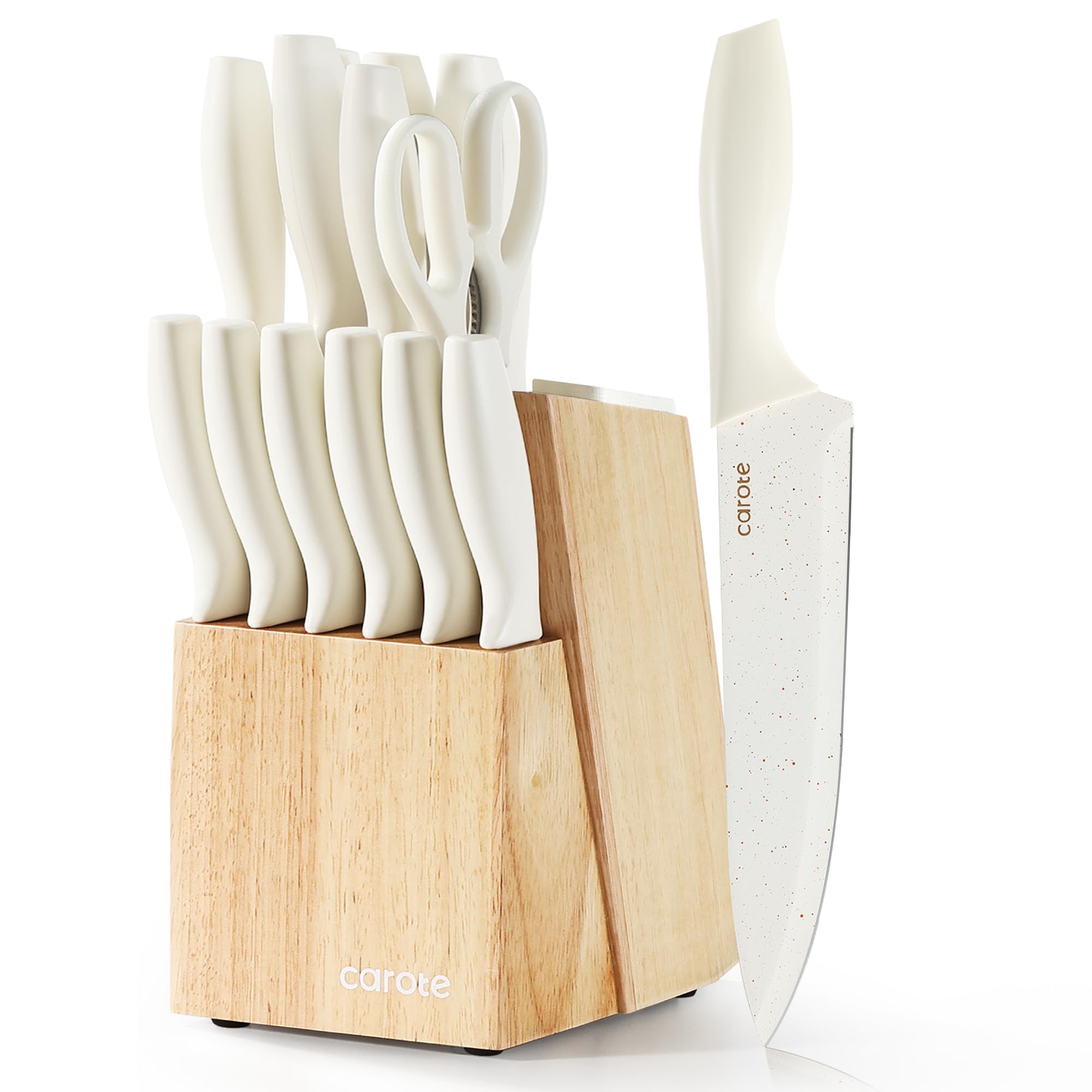CAROTE front view of cream knife set and wooden block for neat countertop storage