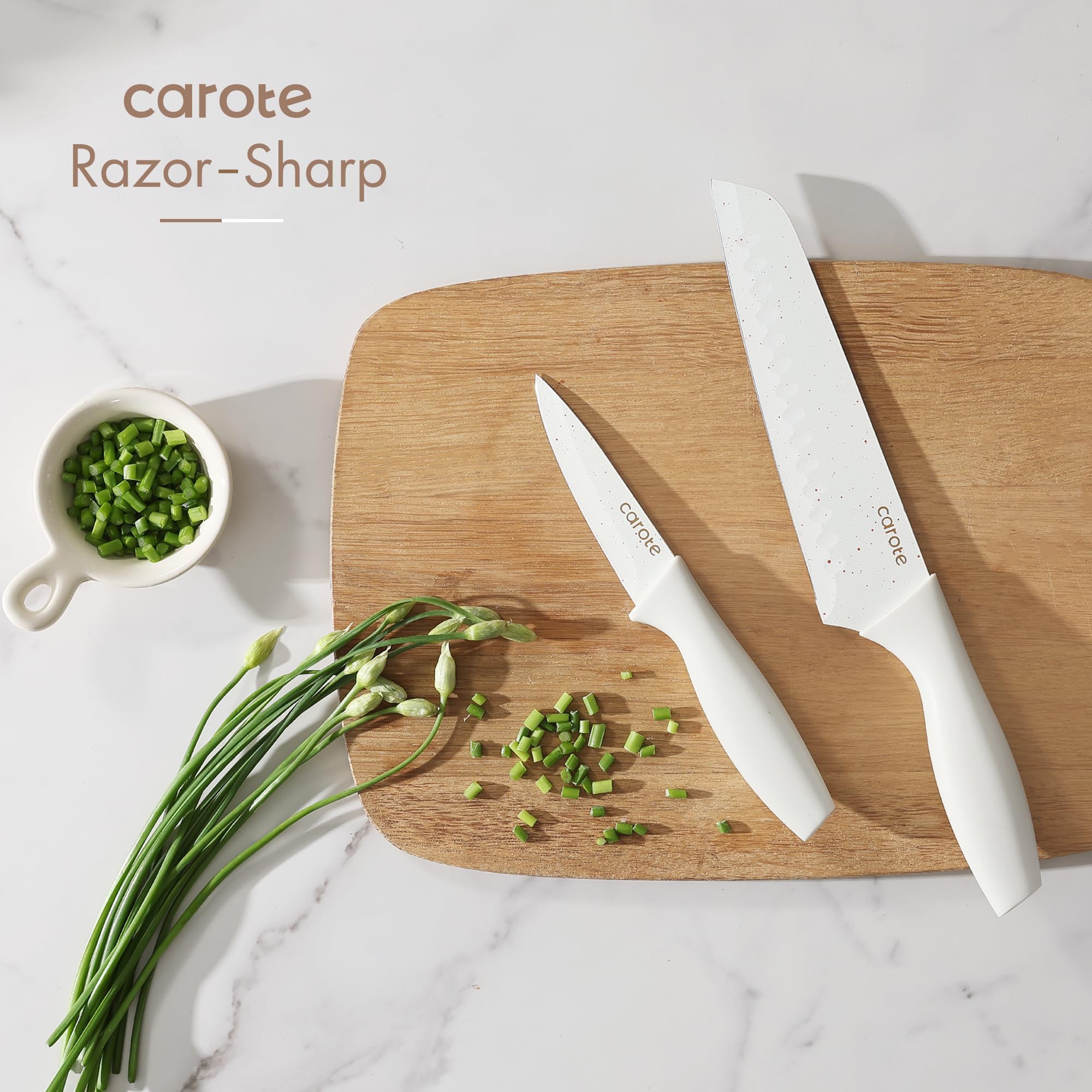 CAROTE knives in use chopping vegetables for efficient meal preparation