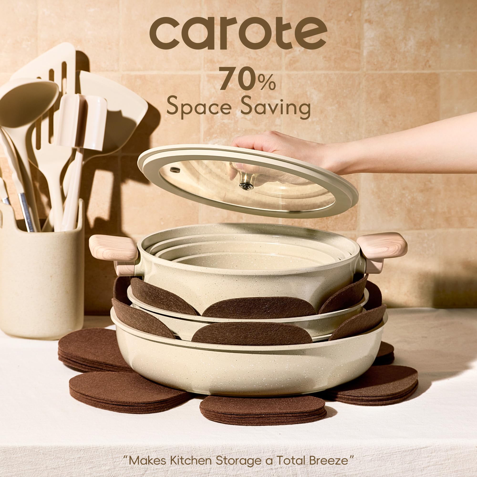 CAROTE stacked pans with lids highlighting compact storage and space-saving advantage