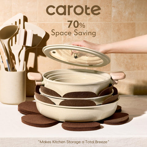 CAROTE stacked pans with lids highlighting compact storage and space-saving advantage
