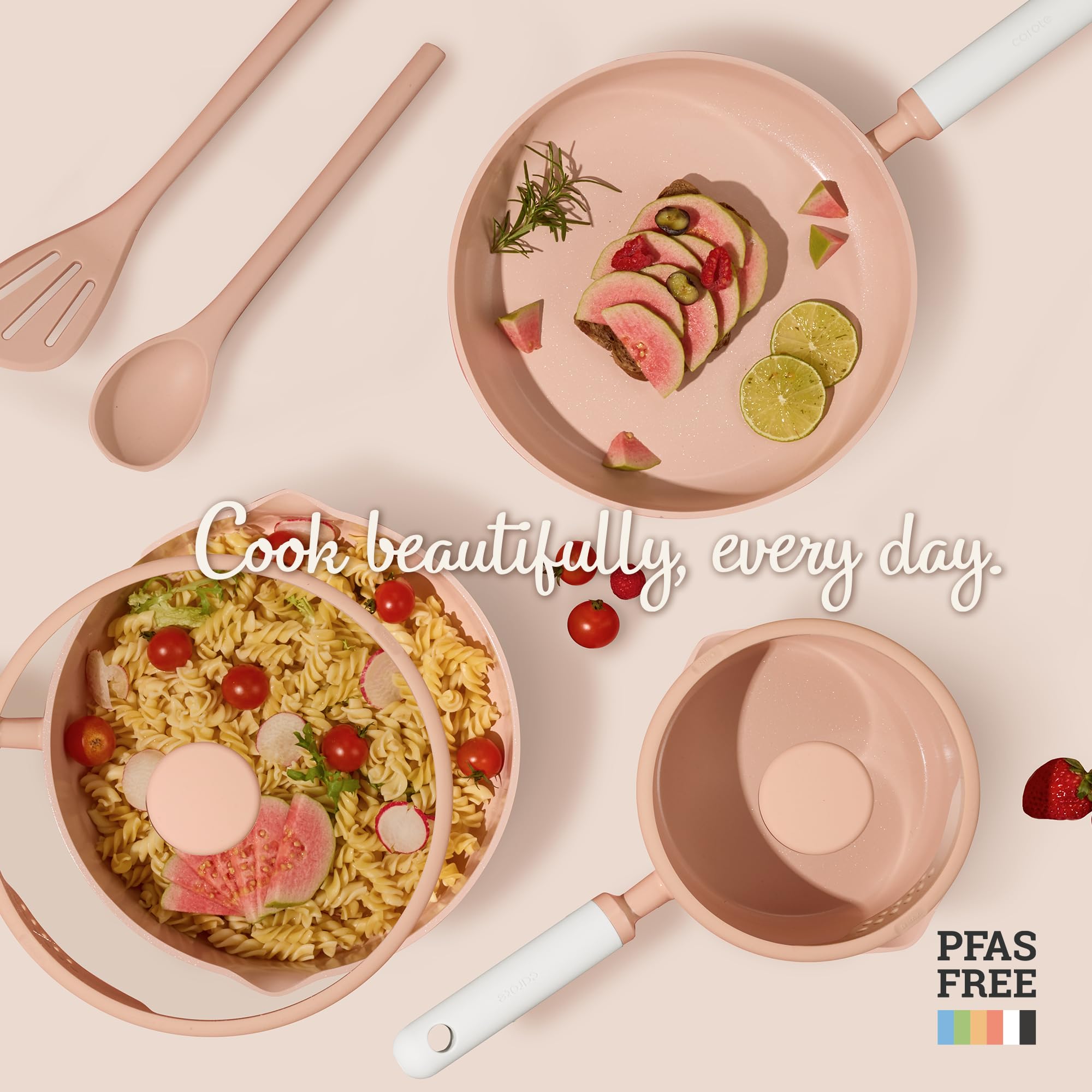 CAROTE pink cookware set in kitchen showing stylish, compact everyday use