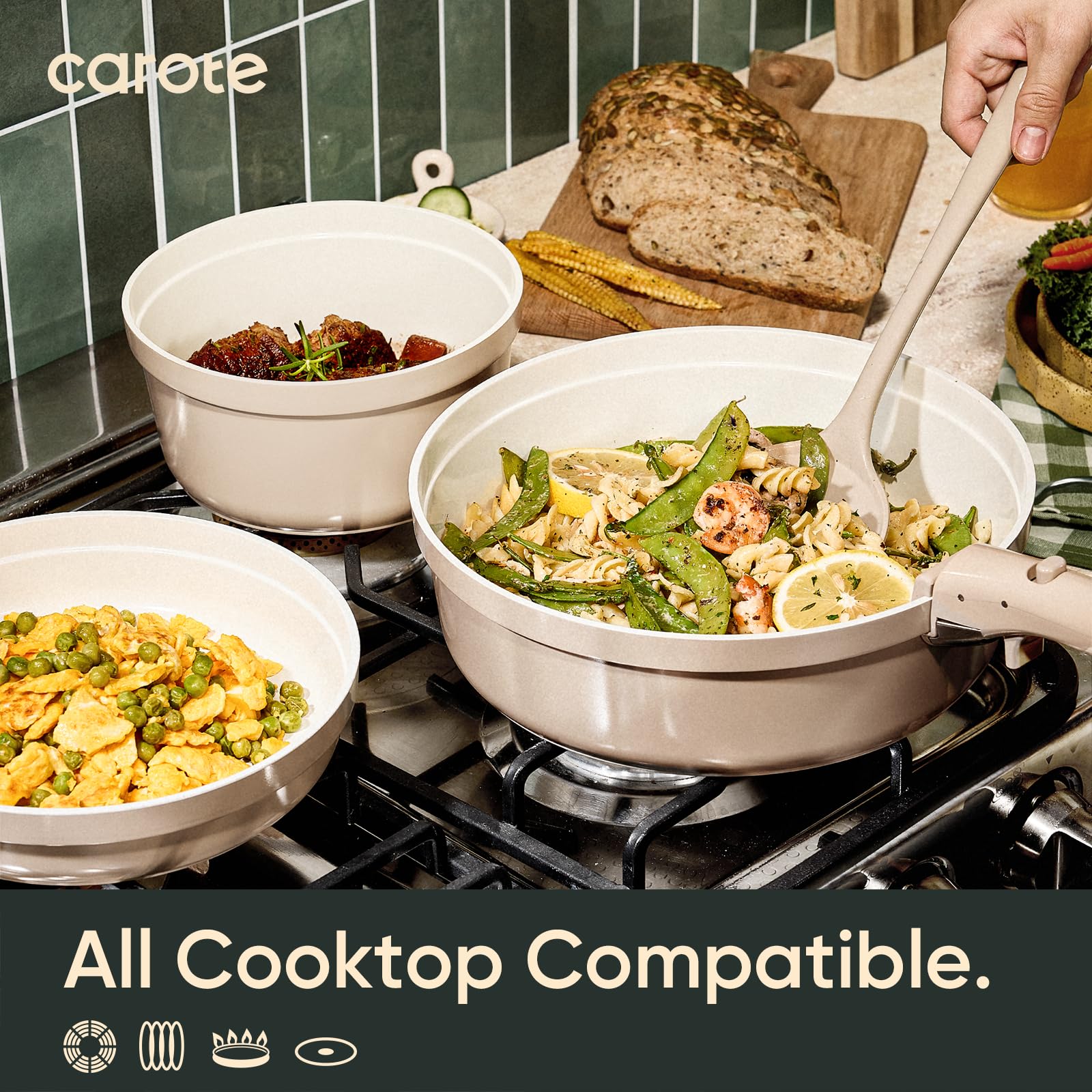 CAROTE serving pan on kitchen counter showing versatile oven-to-table convenience