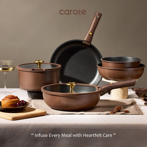 CAROTE cookware set on kitchen table for versatile everyday serving