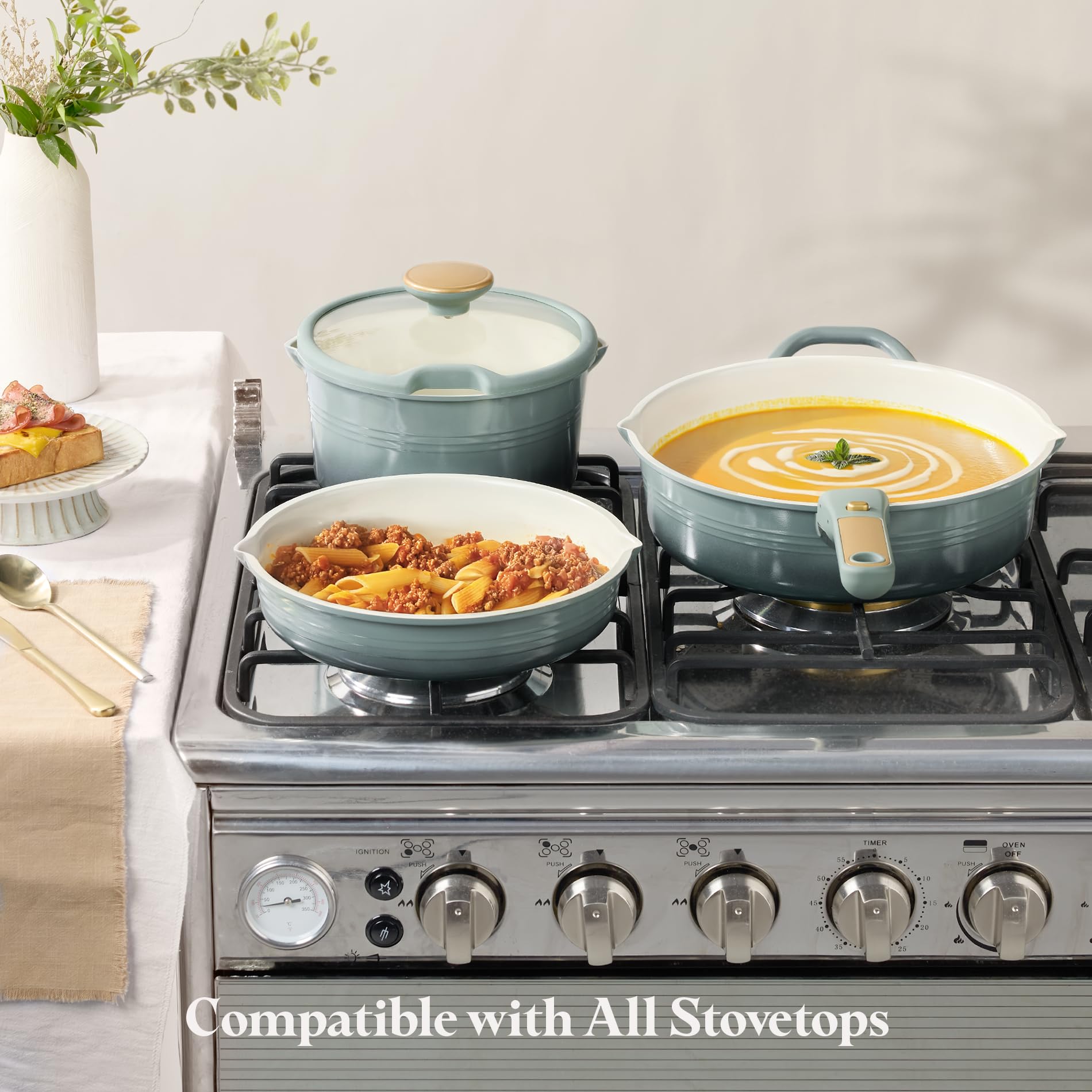 CAROTE cookware used on table showing stovetop-to-table convenience