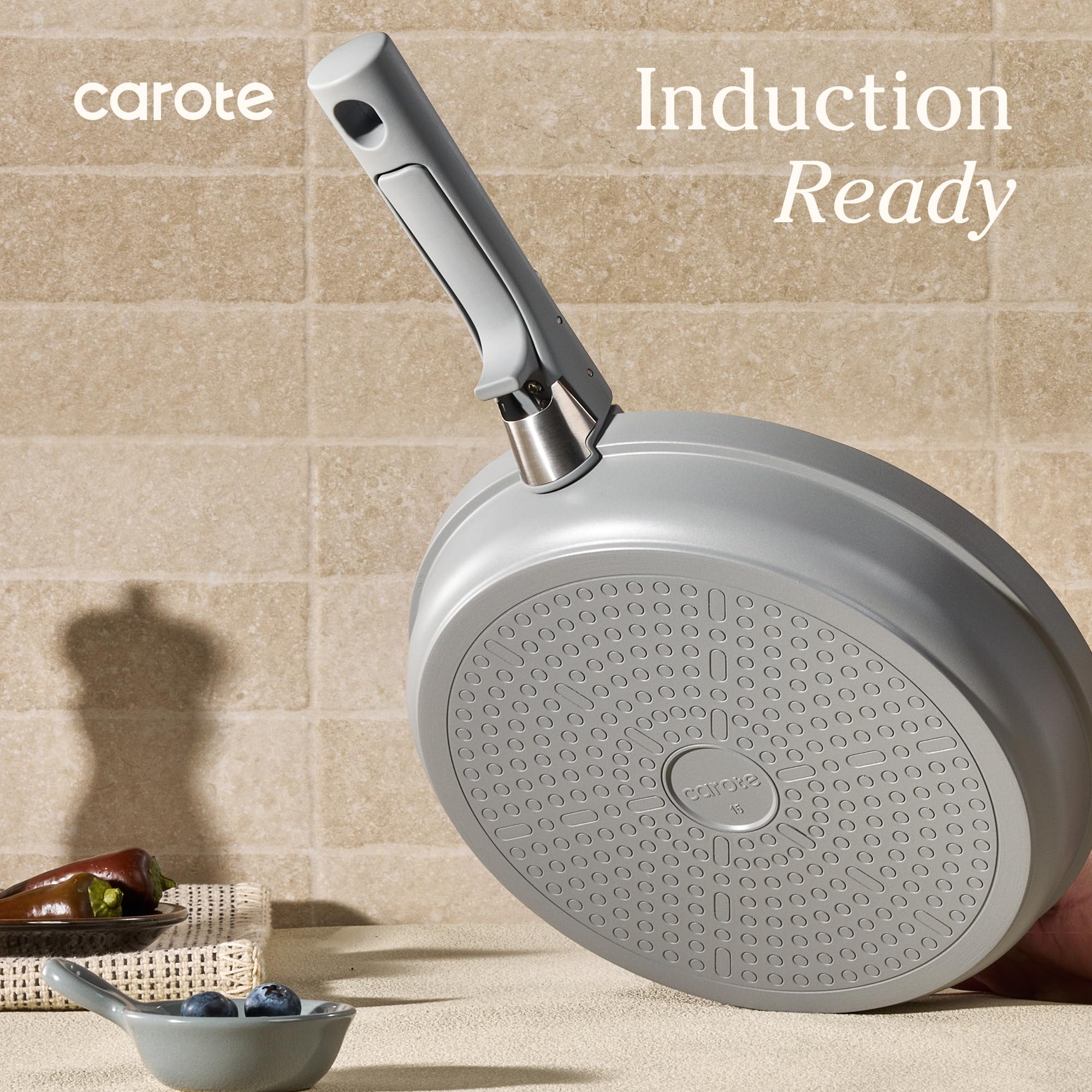 CAROTE nested pans stacked to demonstrate 70% storage space savings advantage
