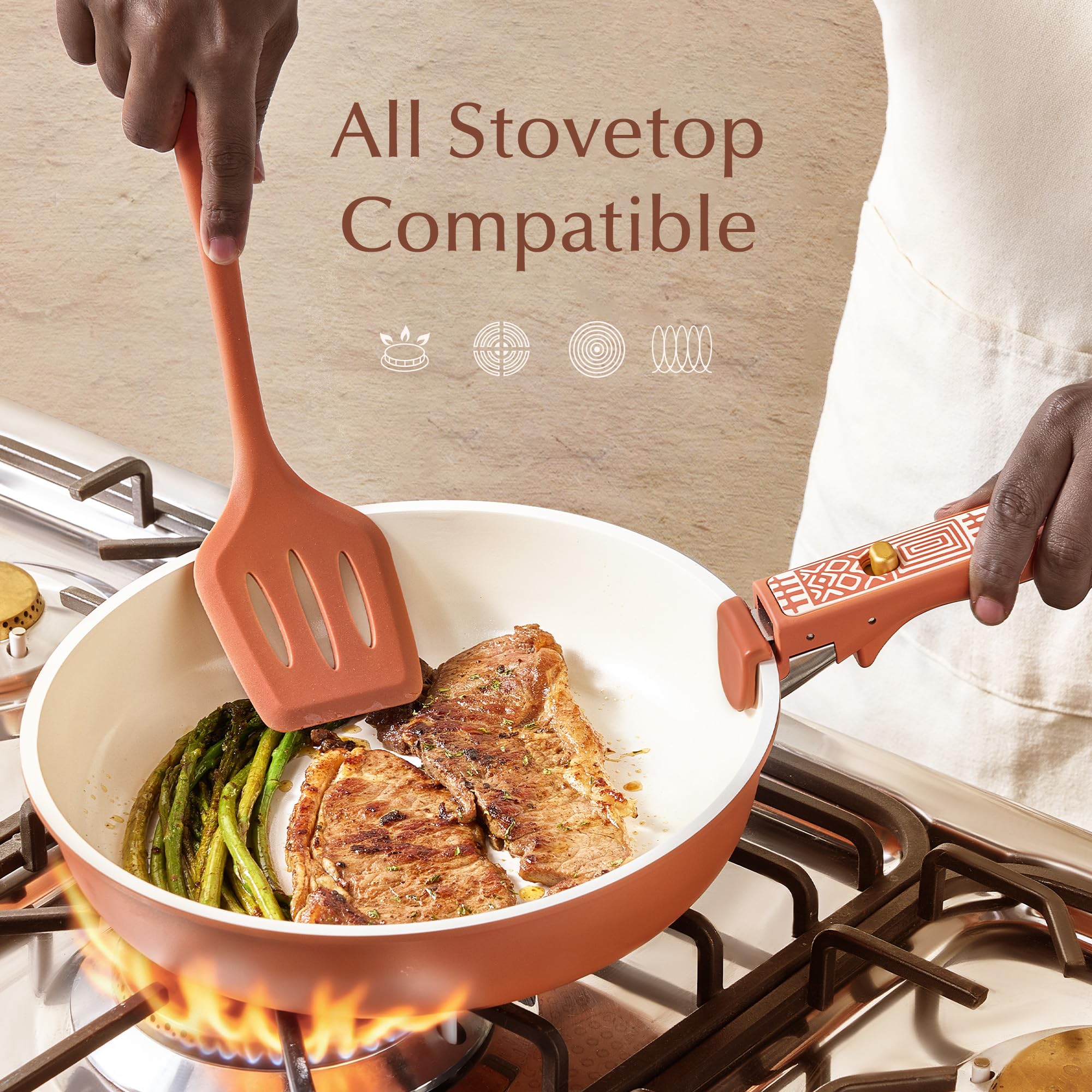 CAROTE nested pans stored compactly in cabinet highlighting space-saving convenience
