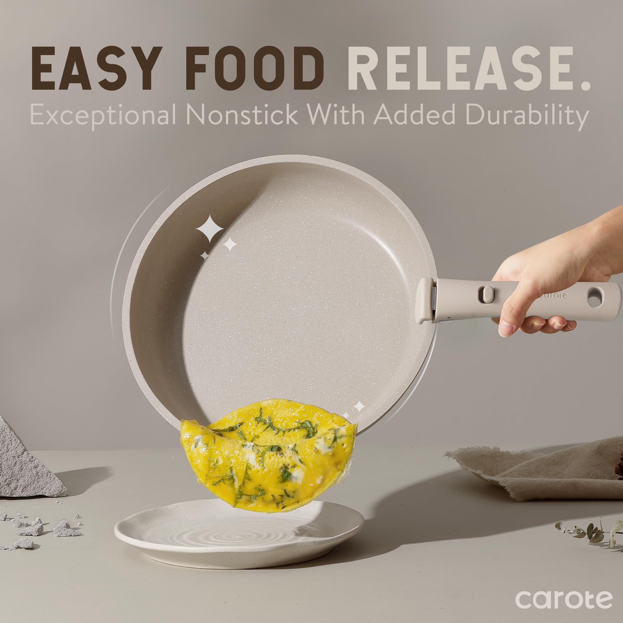 CAROTE close-up of ultra-nonstick surface, showing easy food release for simple cleanup