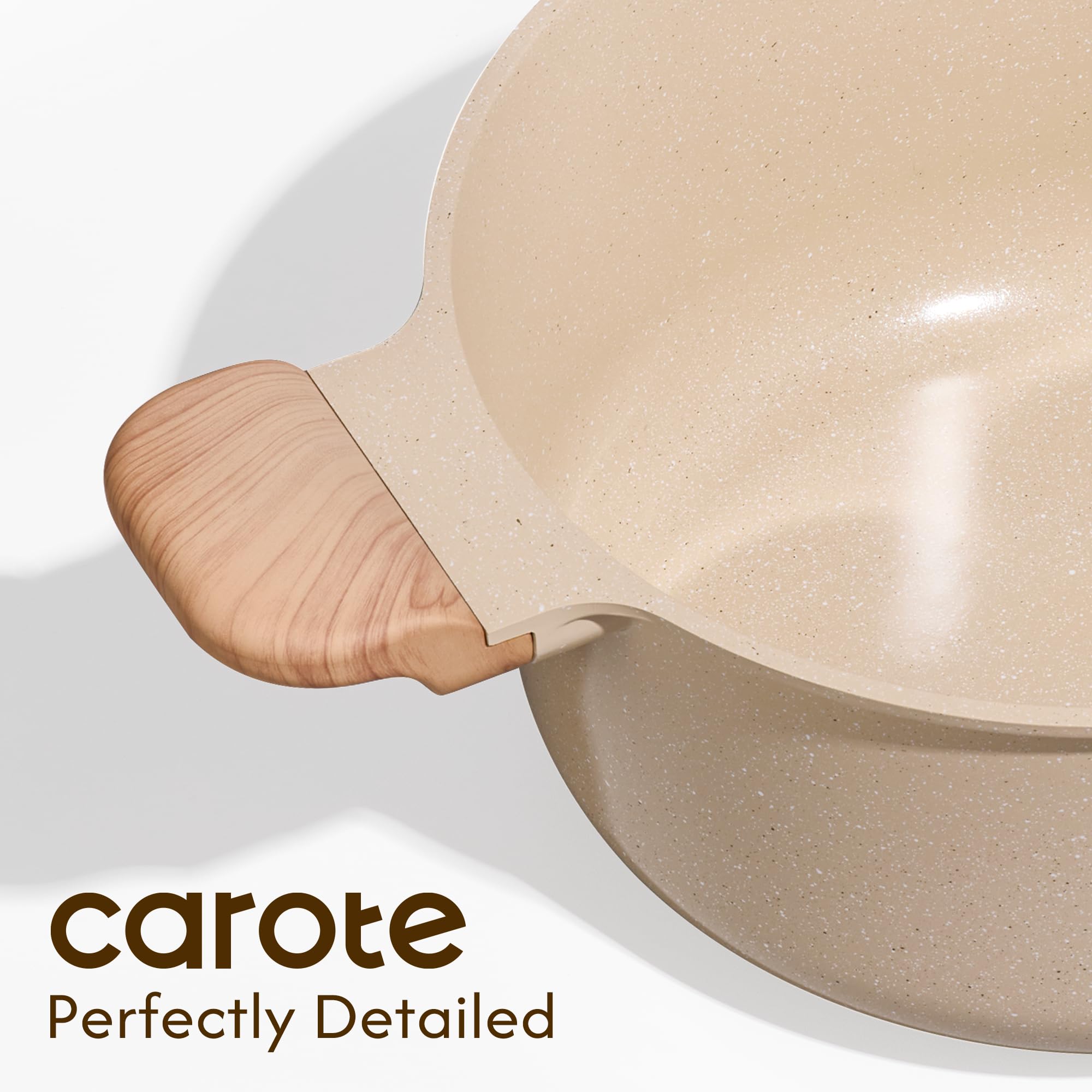 CAROTE packaging and label details showing product information and PFOA-free ceramic benefit
