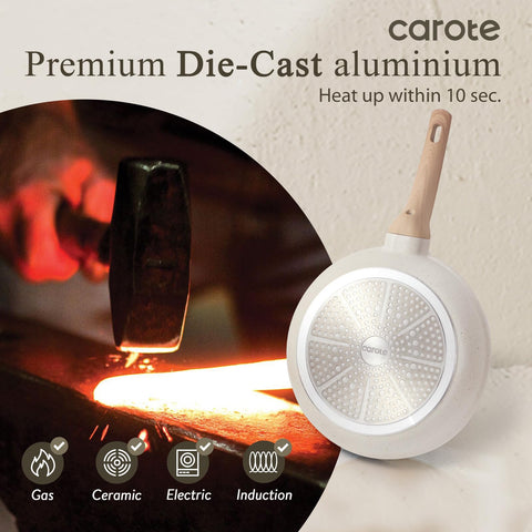 CAROTE pan next to utensils showing 10-inch scale for everyday meal portions
