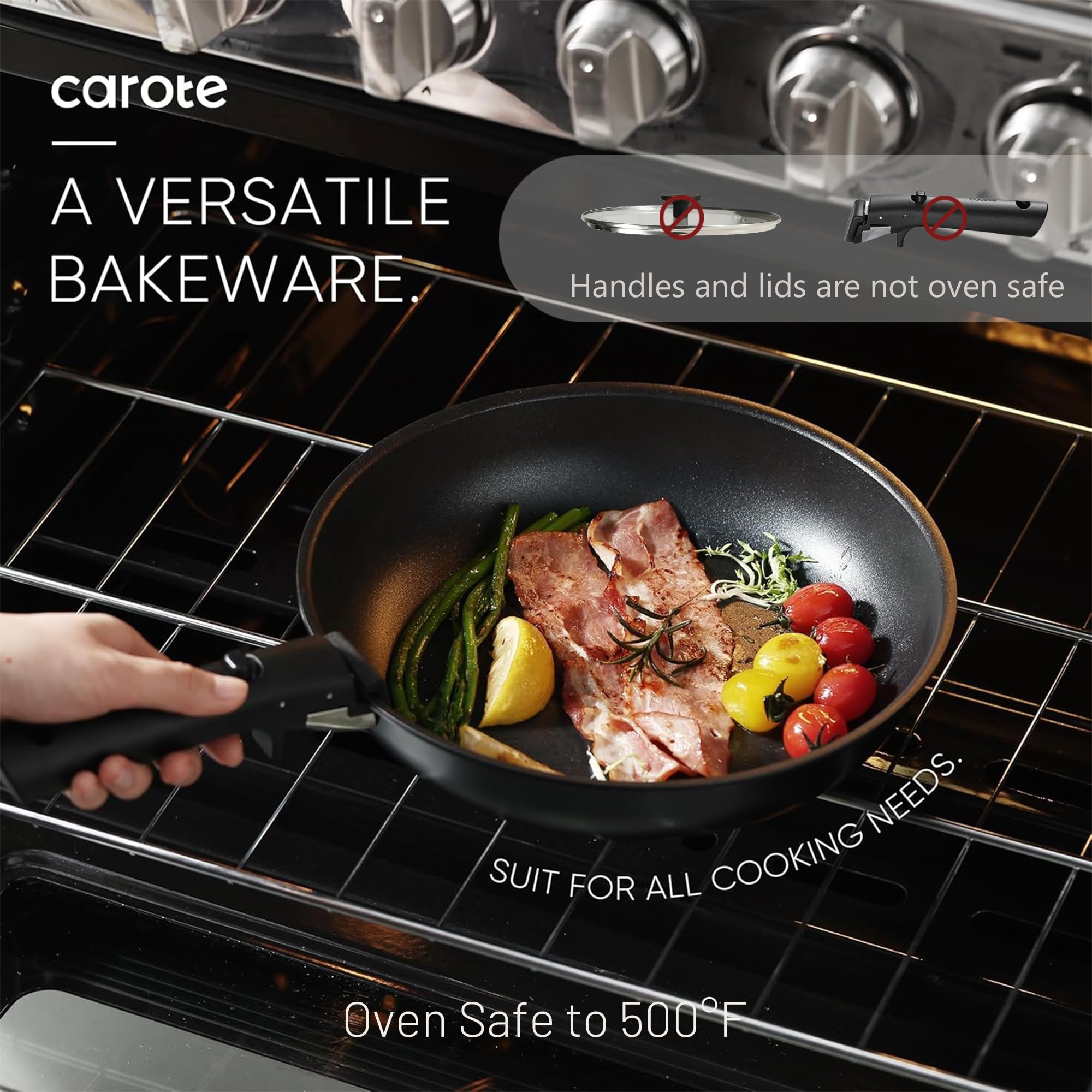CAROTE pans in oven without handles, oven-safe versatility for finishing dishes