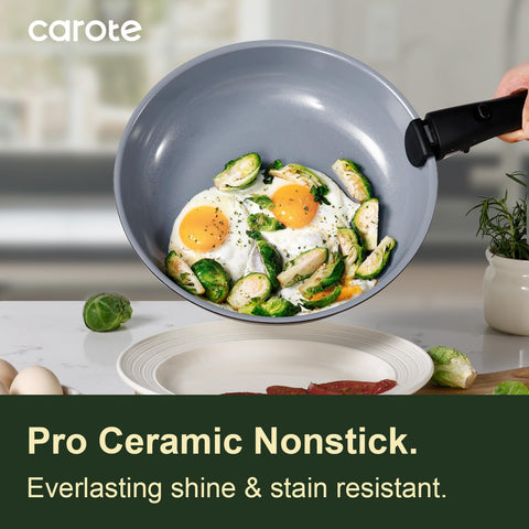 CAROTE pans stacked without handles to show compact storage advantage