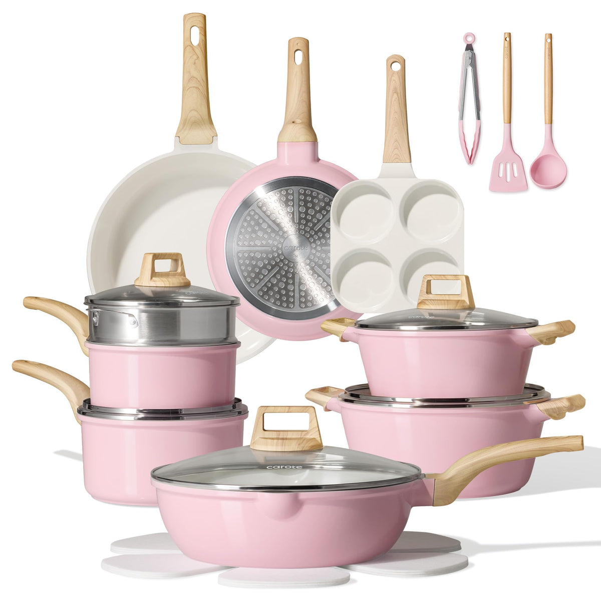 CAROTE pink cookware full set displayed neatly, shows complete pieces and visual appeal