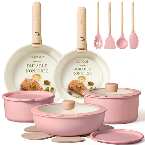 CAROTE pink cookware set front view showing complete pieces and easy organization benefit