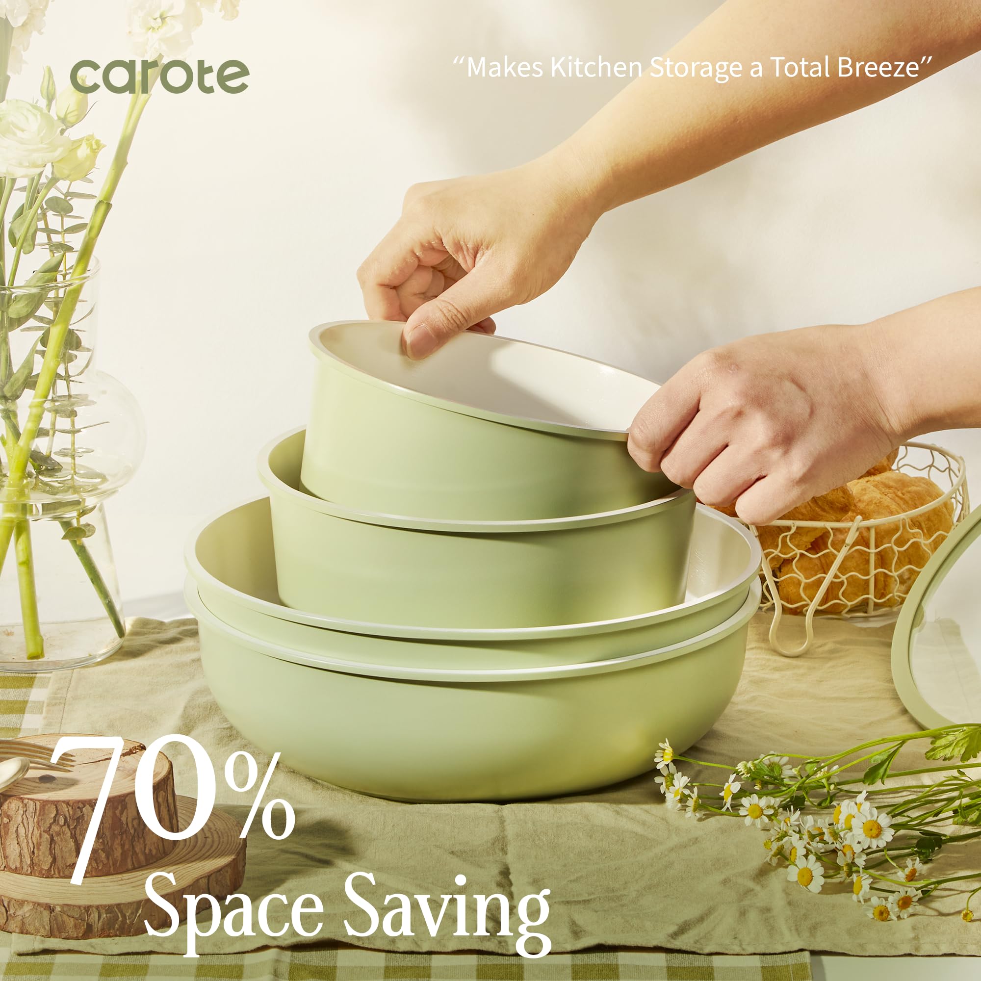 CAROTE saucepans and silicone lids arranged neatly for versatile cooking and sealing