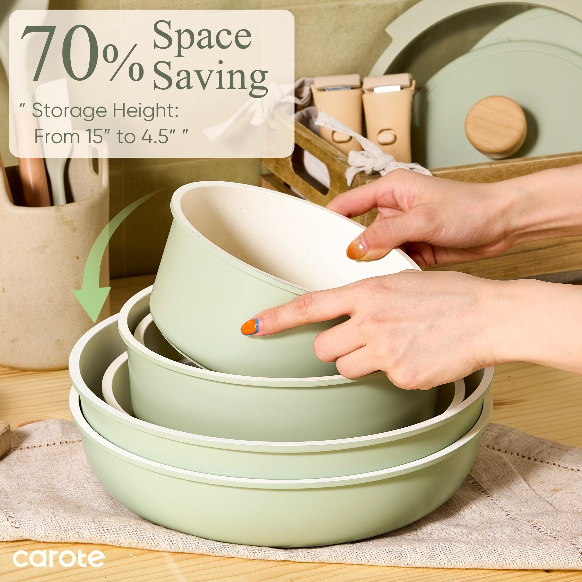 CAROTE saucepans with silicone lids demonstrating neat sealing and storage