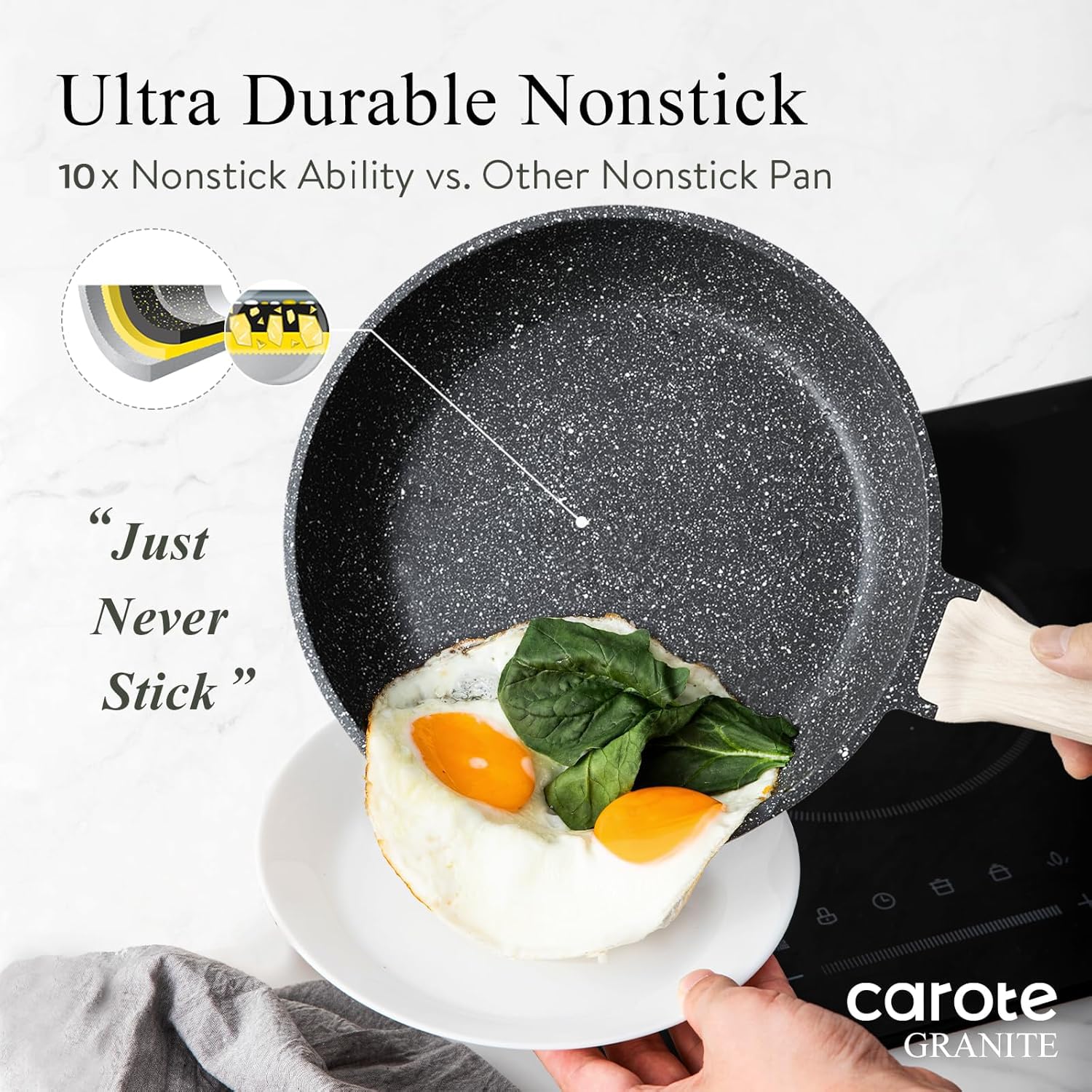 CAROTE saucepan with lid showing secure fit and quick heating benefit