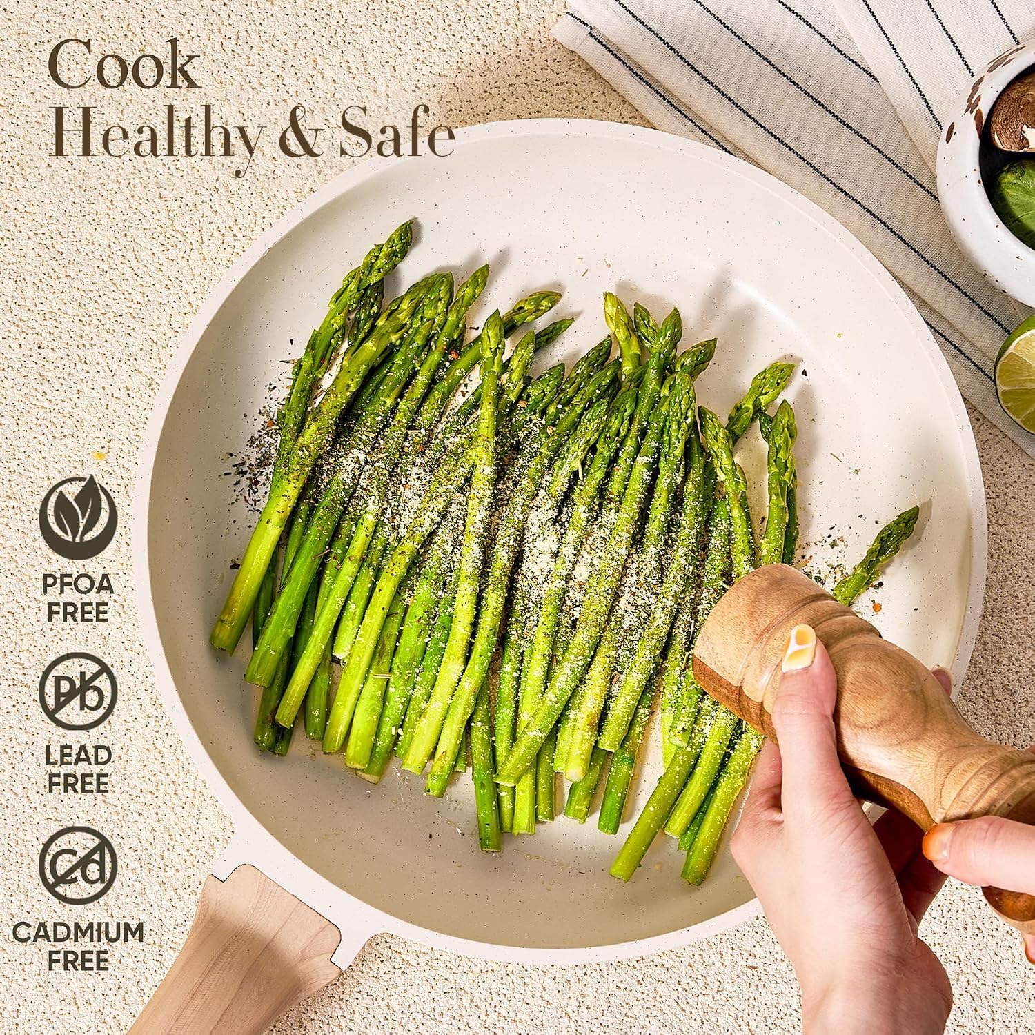 CAROTE sauté pan with lid and included ladle and spatula for ready-to-cook convenience