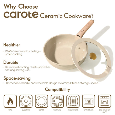 CAROTE pan beside hand illustrating size and portability for small kitchens or travel