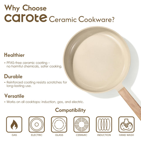 CAROTE pans beside a measuring scale showing size comparison and practical fit