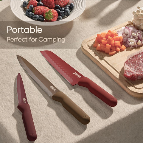 CAROTE set arranged on cutting board to show relative sizes and uses