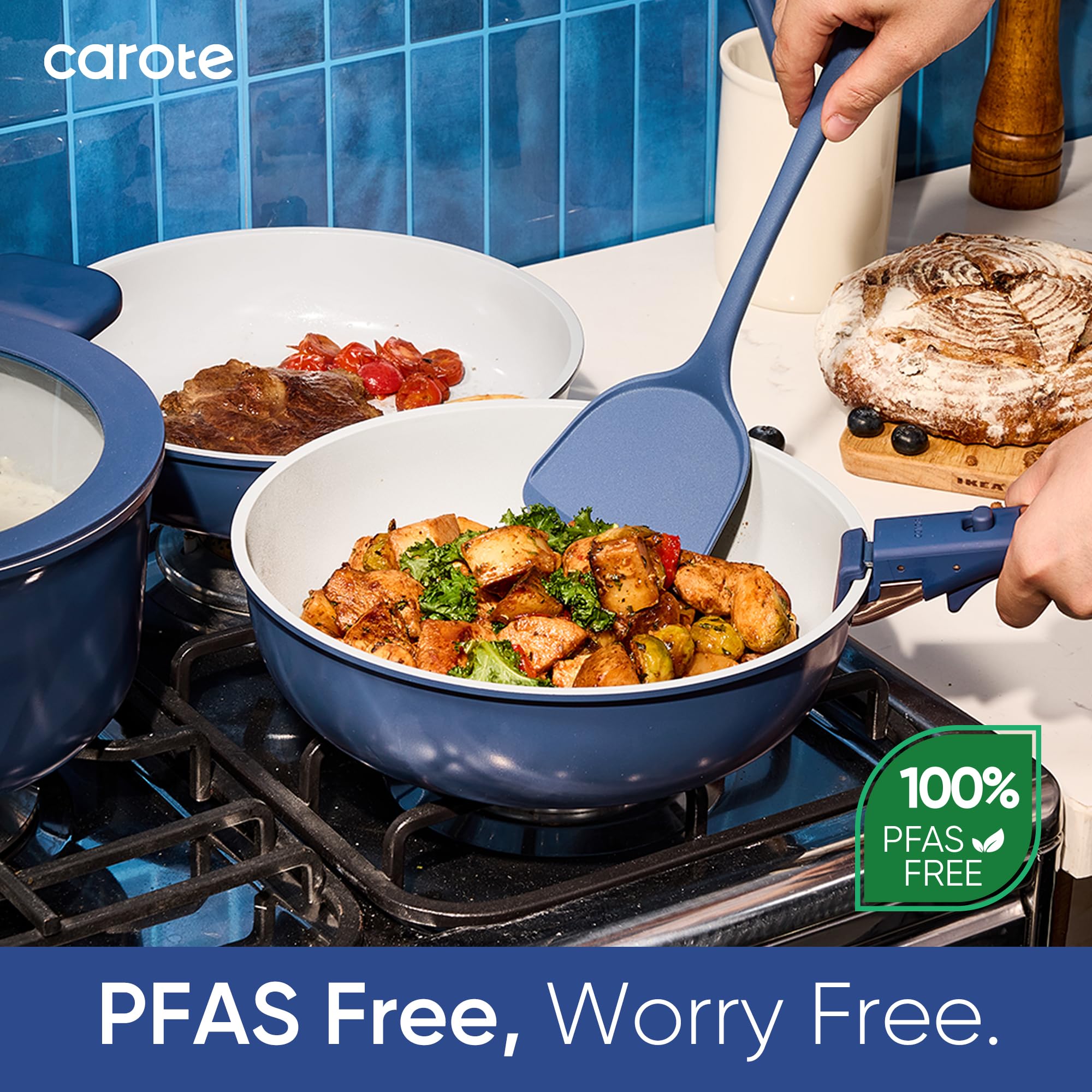 CAROTE pans beside common kitchen items showing scalable sizes