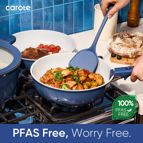 CAROTE pans beside common kitchen items showing scalable sizes