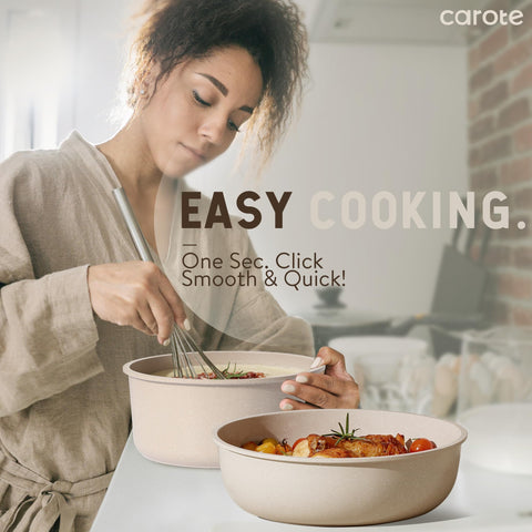 CAROTE pans beside common kitchen items to show compact size and scale
