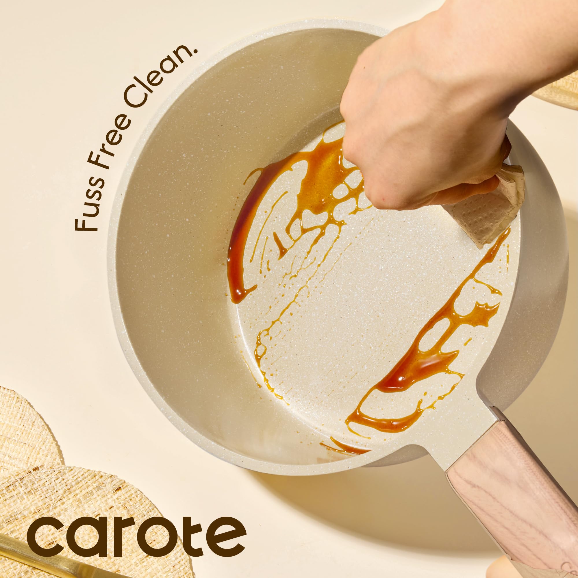 CAROTE pans next to mugs for scale showing compact storage and space savings