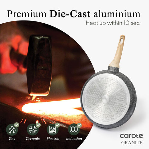 CAROTE skillet next to fruit showing true 12-inch scale and capacity