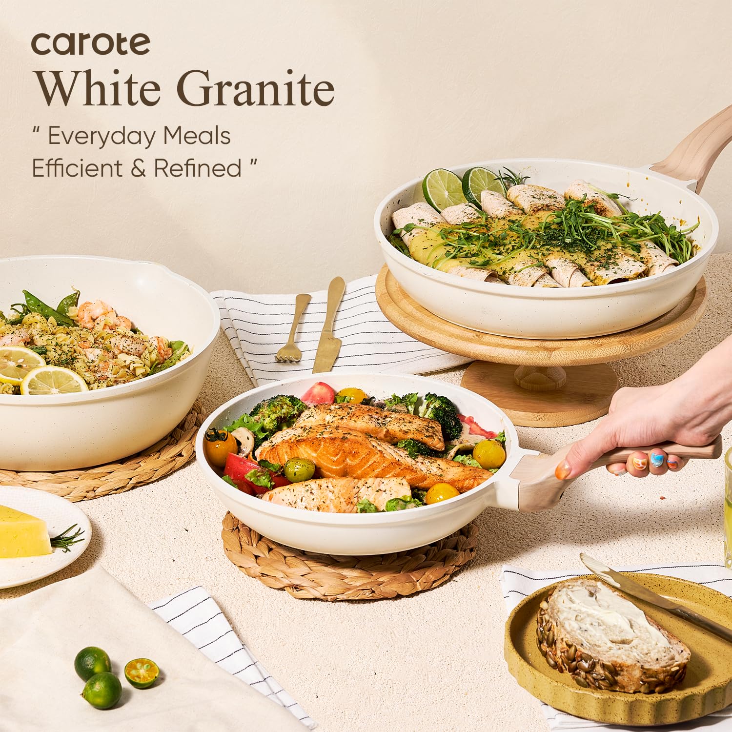 CAROTE hand holding pan for scale showing lightweight design for comfortable handling