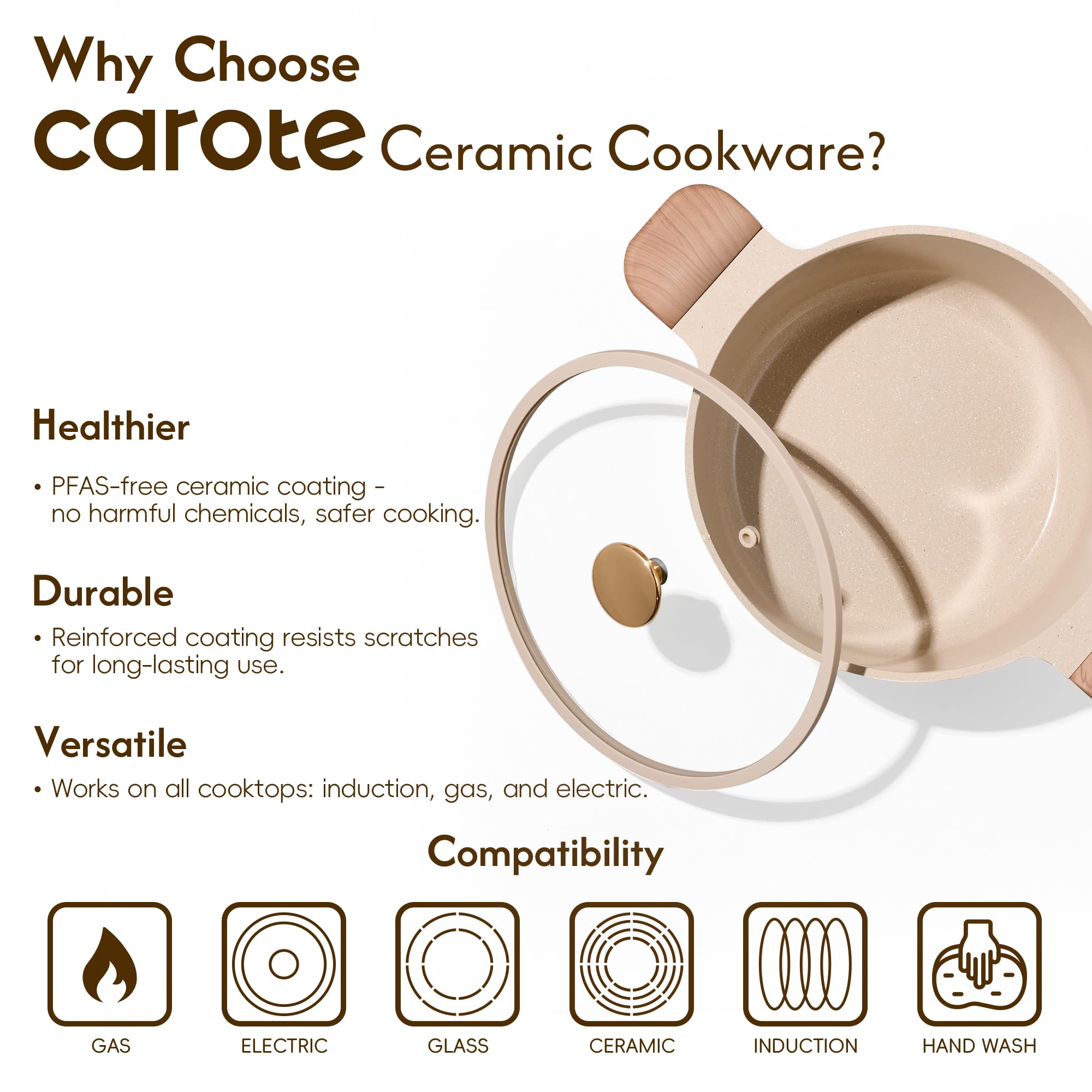 CAROTE pot next to measuring cup illustrating 5-quart capacity for family meals