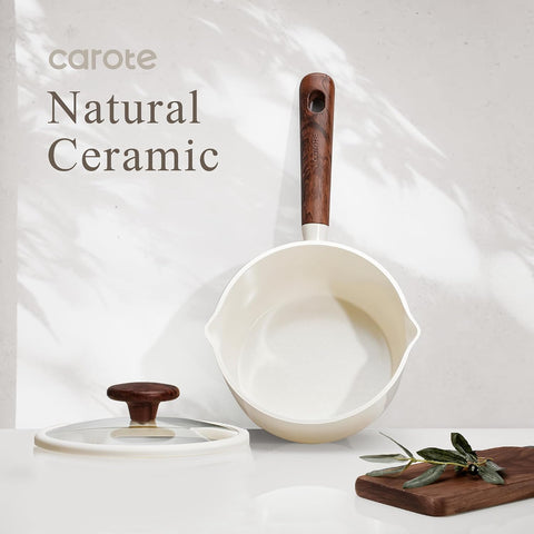CAROTE pans next to measuring cup showing scale and space-saving kitchen benefit