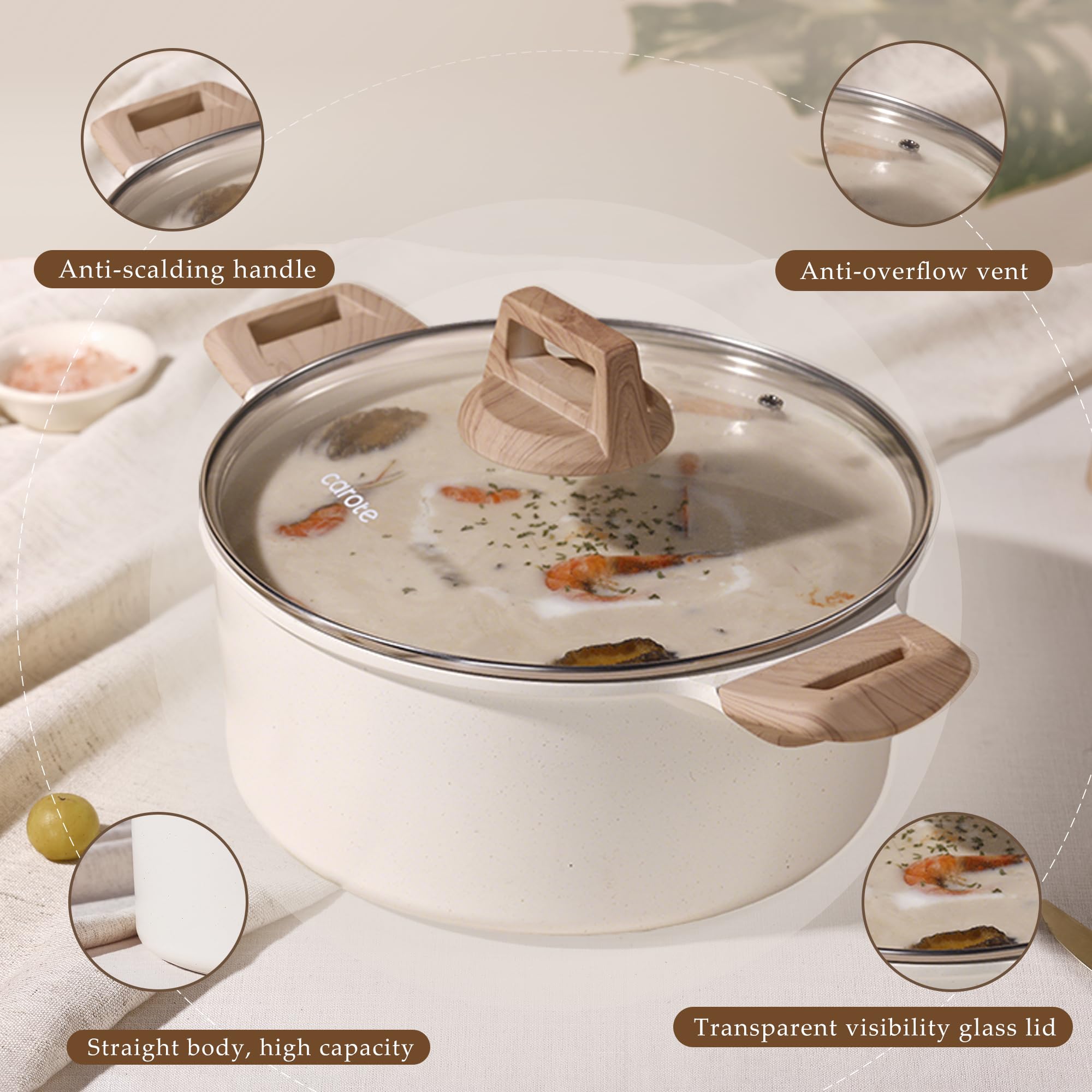 CAROTE pot next to wooden spoon for scale indicating roomy 6-quart cooking capacity
