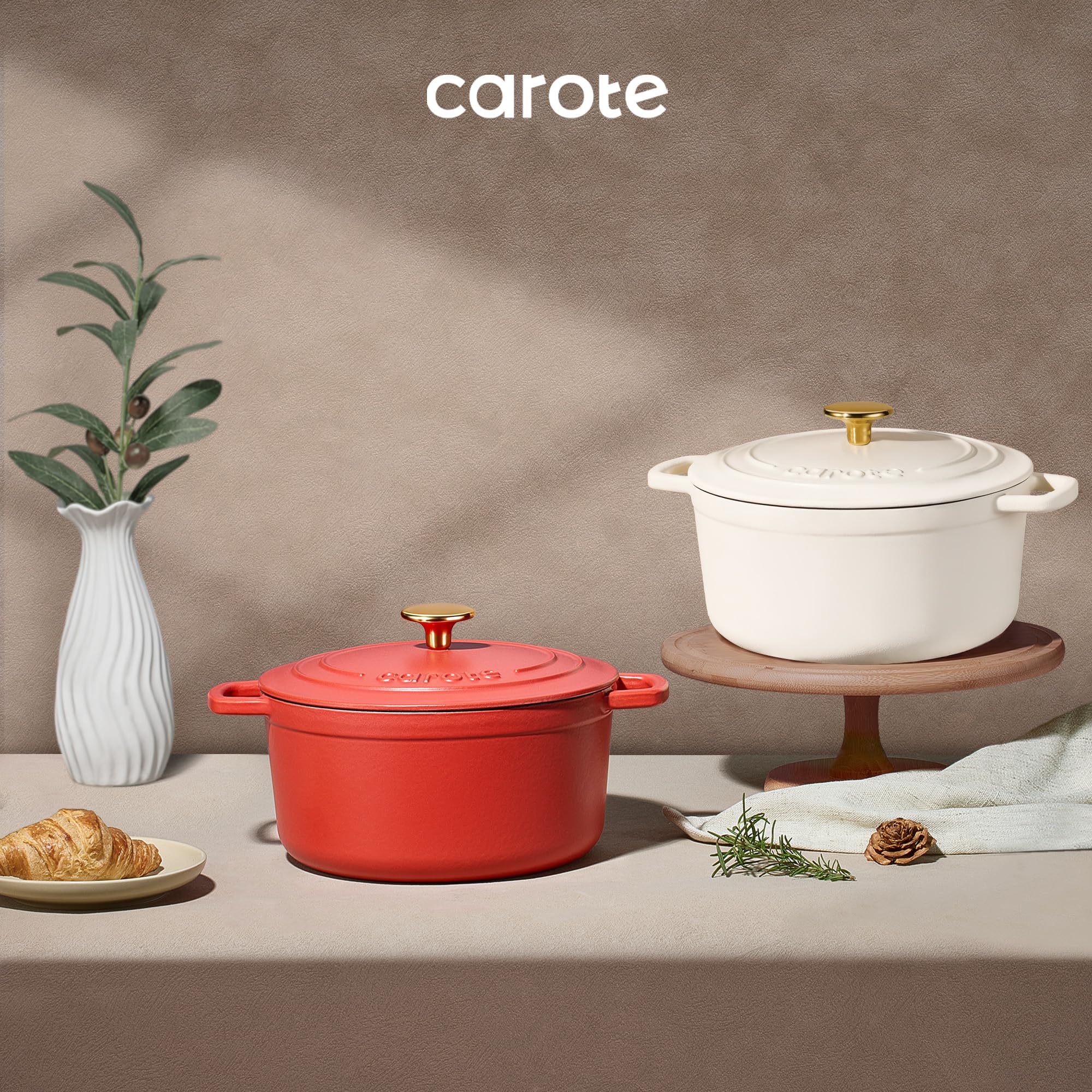 CAROTE Dutch oven next to utensils to show 4QT size and kitchen scale