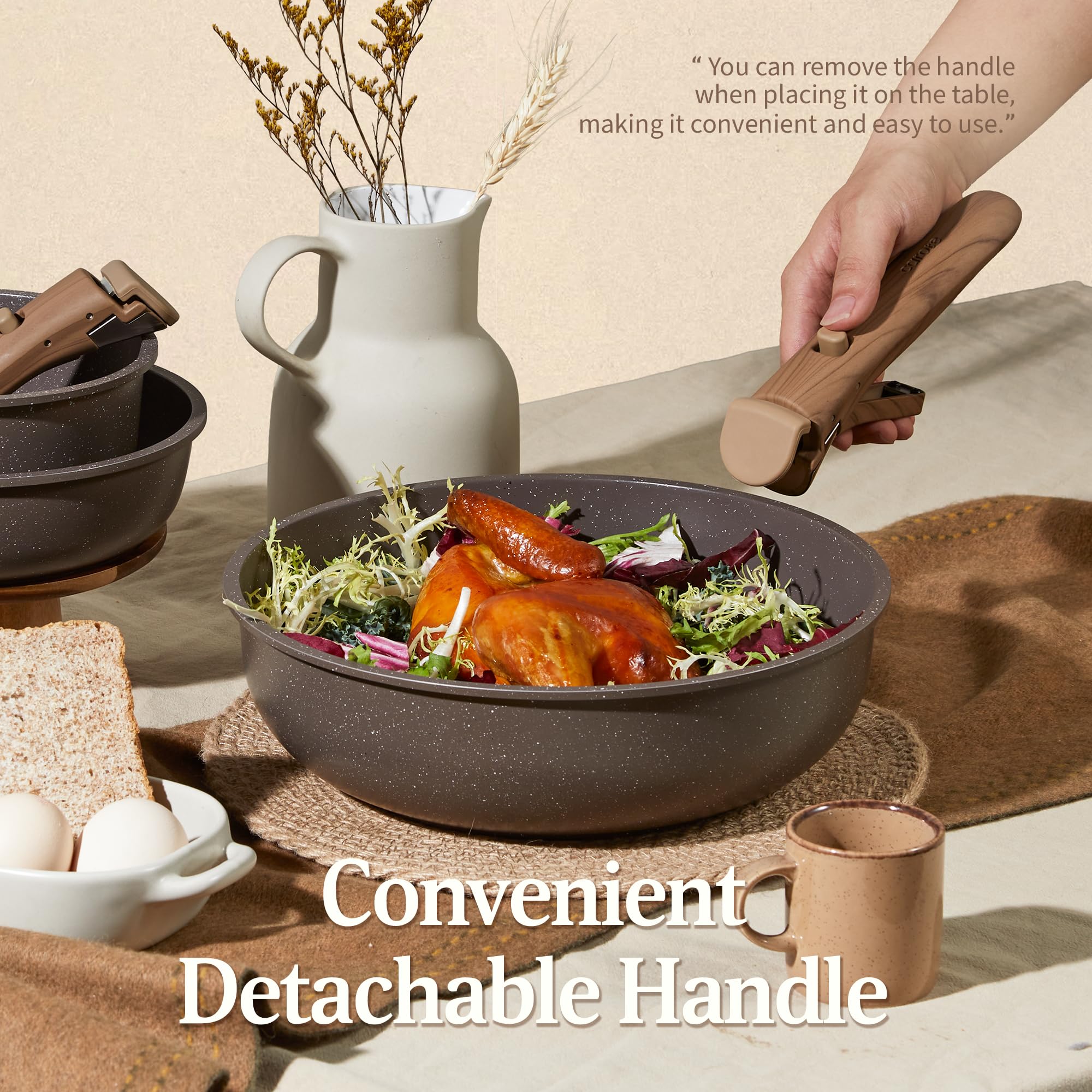 CAROTE pans stacked in cabinet demonstrating compact storage and organized kitchen benefit