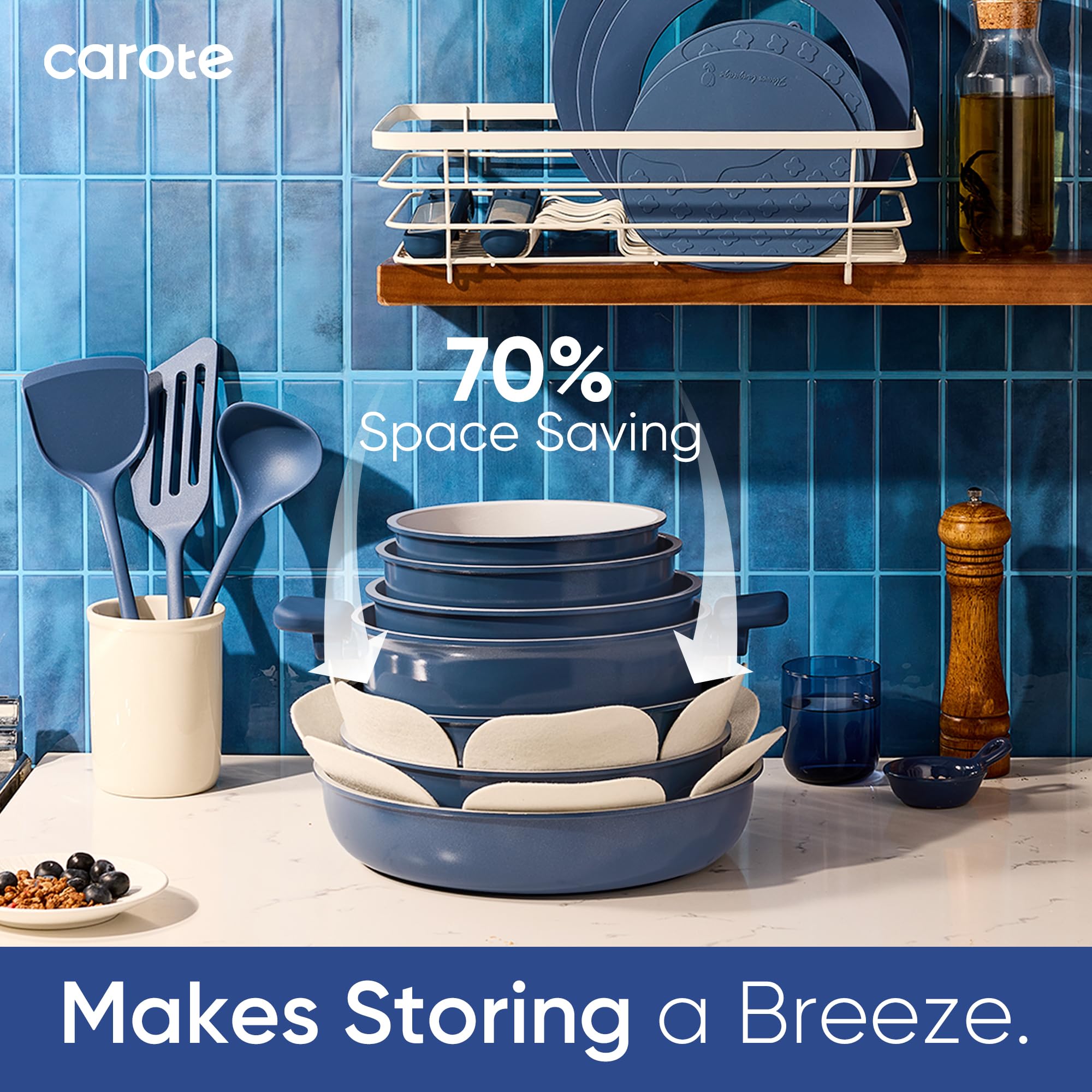 CAROTE stacked pans demonstrating space-saving storage benefit