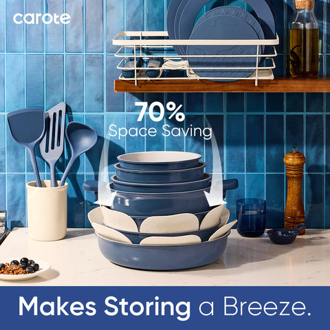 CAROTE stacked pans demonstrating space-saving storage benefit