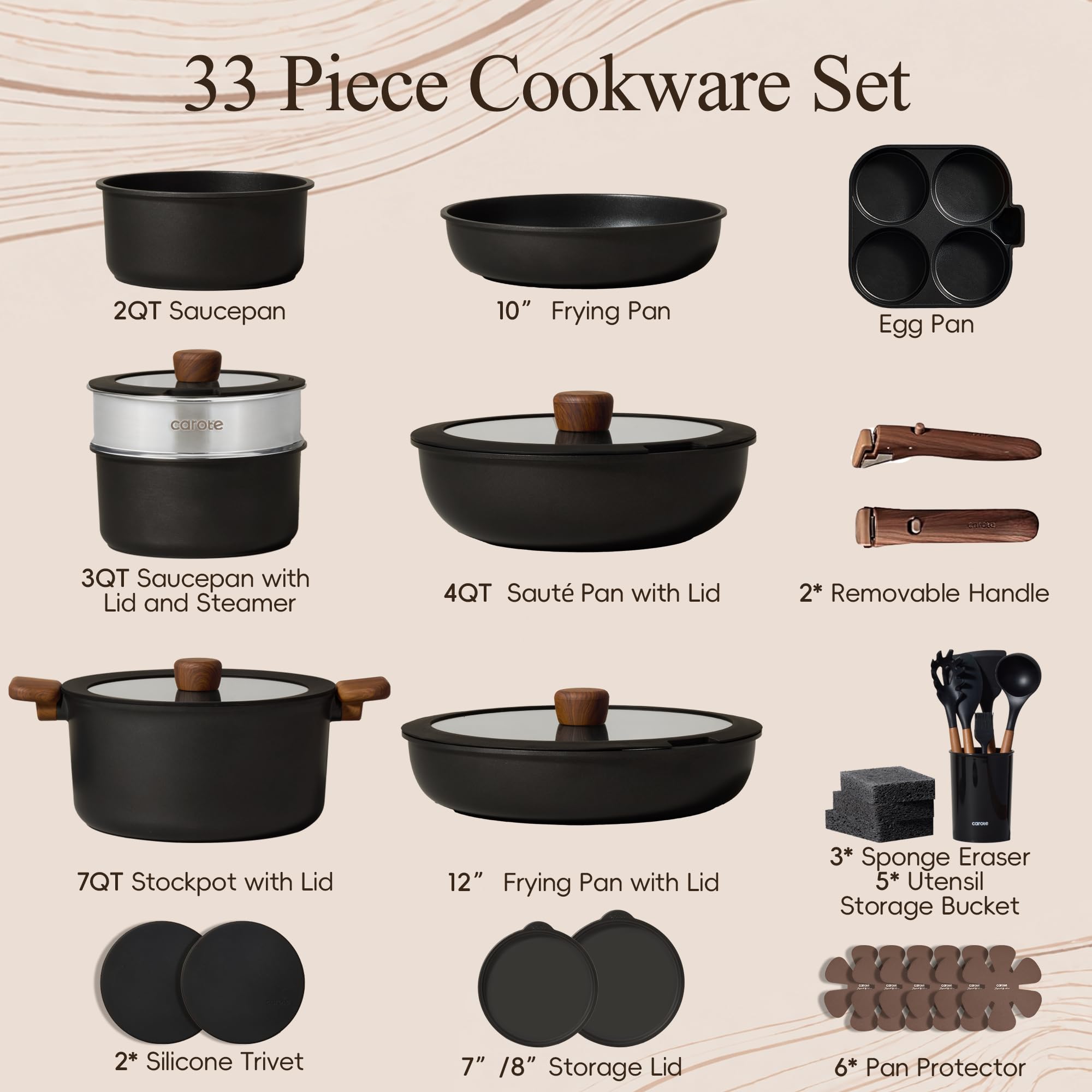 CAROTE stacked pots and pans demonstrating space-saving when handles are removed