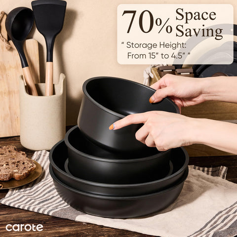 CAROTE pans stacked without handles demonstrating space-saving storage benefit
