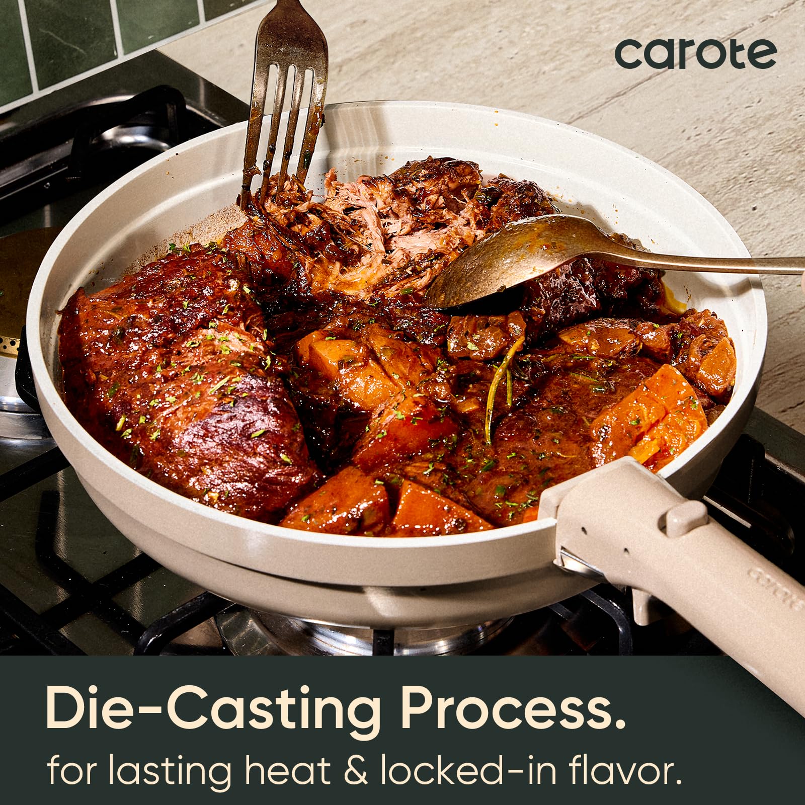 CAROTE pans stacked neatly without handles illustrating compact storage and space saving