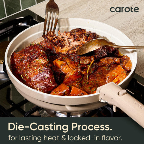 CAROTE pans stacked neatly without handles illustrating compact storage and space saving