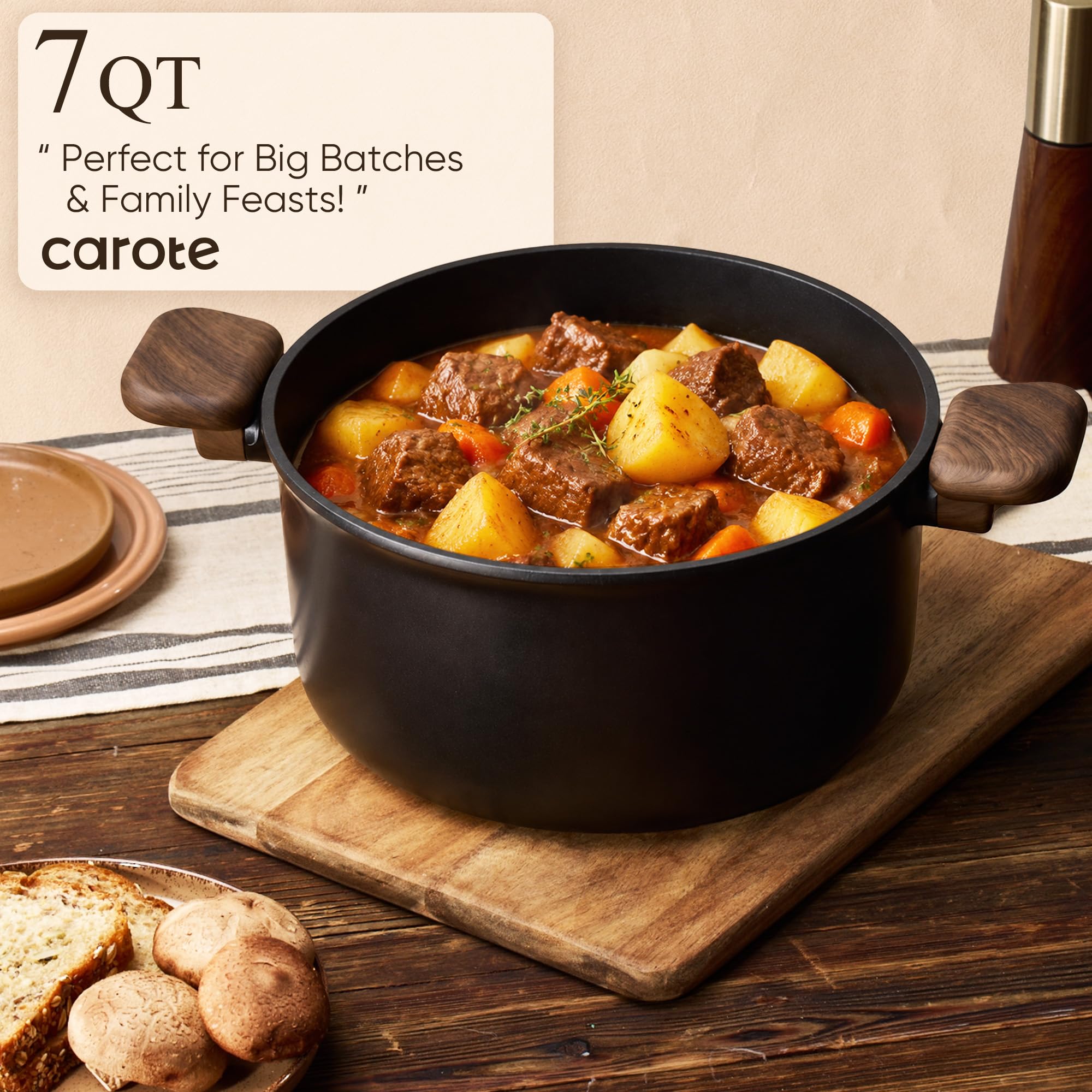 CAROTE frying pan on stovetop with food illustrating even heating and serving ease